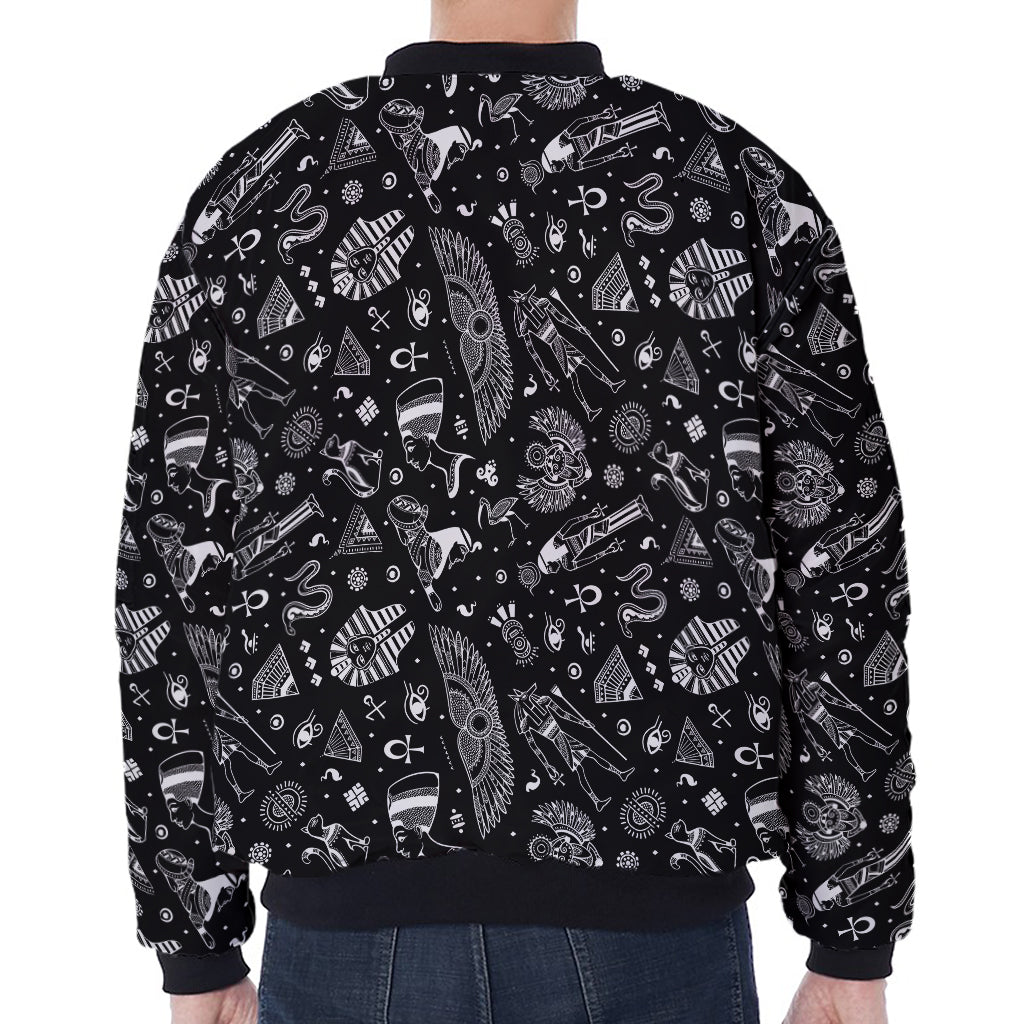 Black And White Egyptian Pattern Print Zip Sleeve Bomber Jacket
