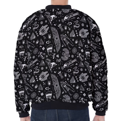 Black And White Egyptian Pattern Print Zip Sleeve Bomber Jacket