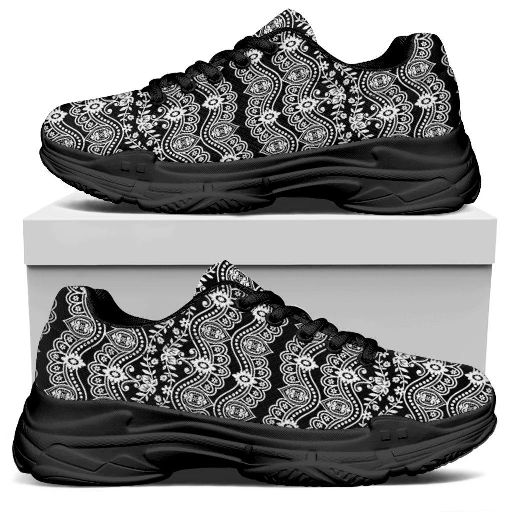 Black And White Ethnic Boho Print Black Chunky Shoes