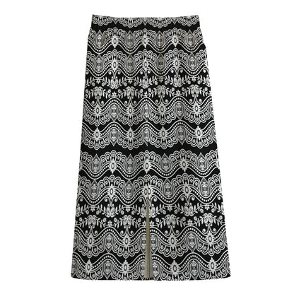 Black And White Ethnic Boho Print Cotton Front Slit Maxi Skirt