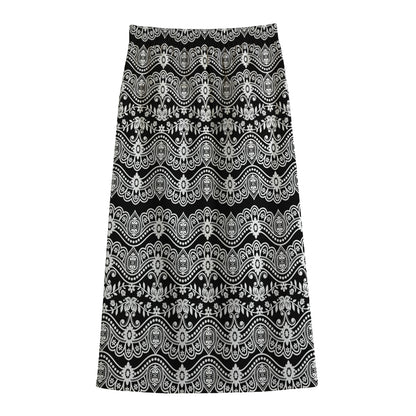 Black And White Ethnic Boho Print Cotton Front Slit Maxi Skirt