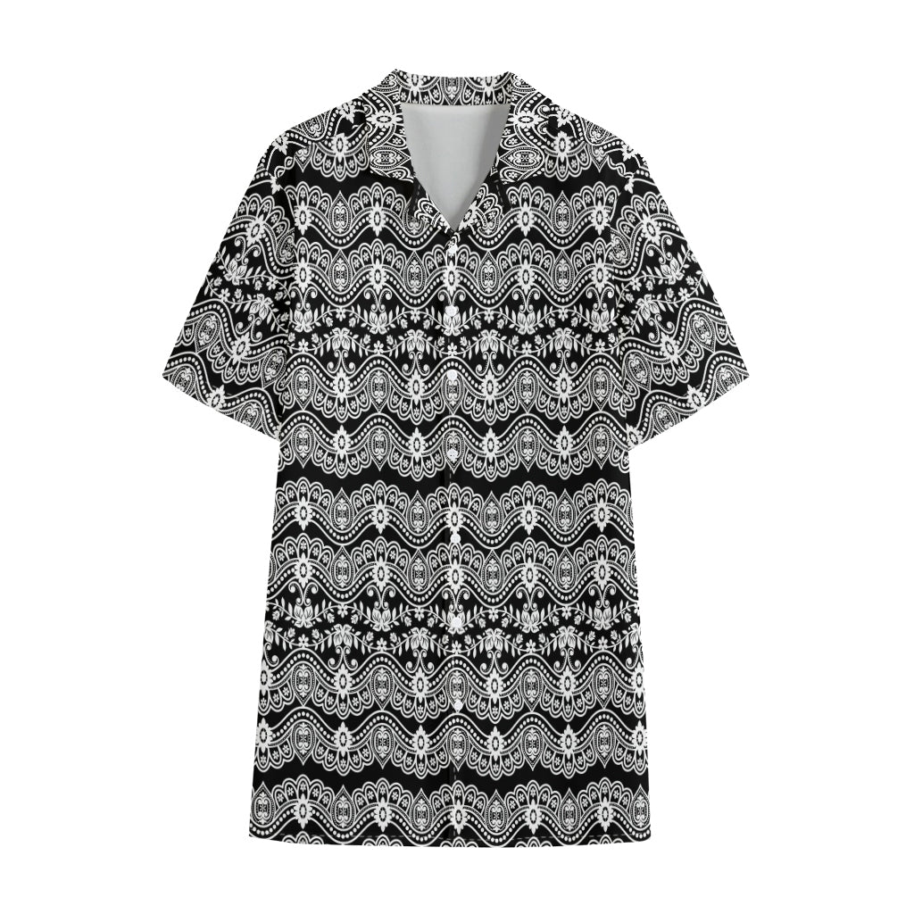 Black And White Ethnic Boho Print Cotton Hawaiian Shirt
