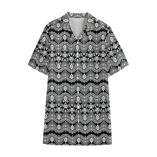 Black And White Ethnic Boho Print Cotton Hawaiian Shirt