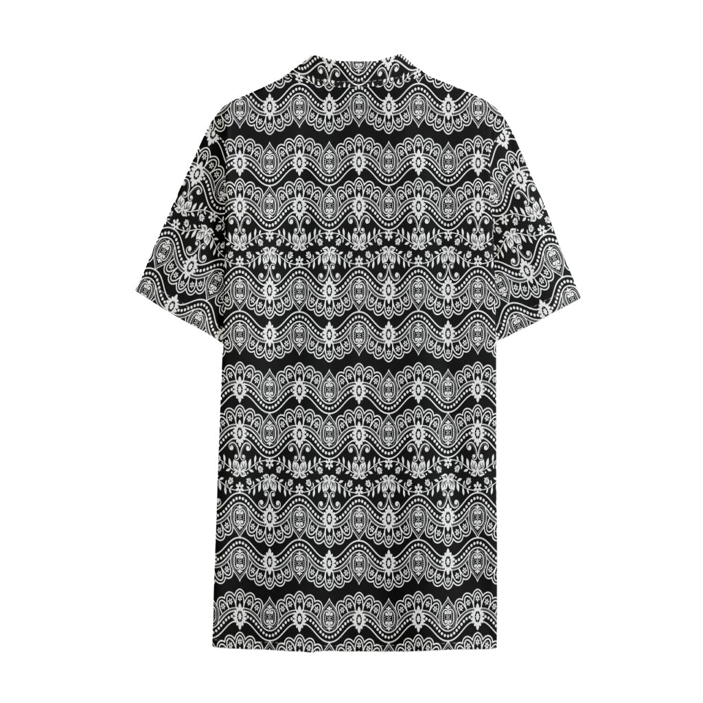 Black And White Ethnic Boho Print Cotton Hawaiian Shirt