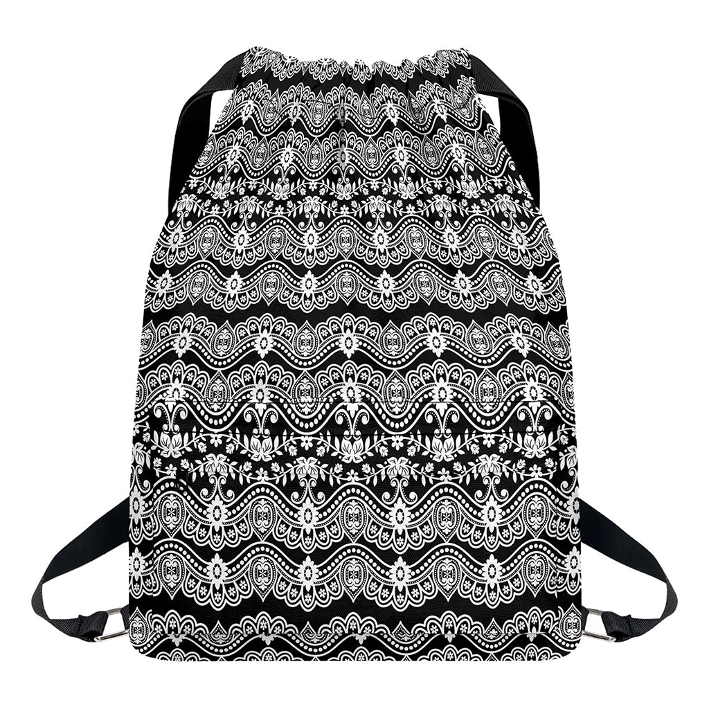 Black And White Ethnic Boho Print Drawstring Backpack