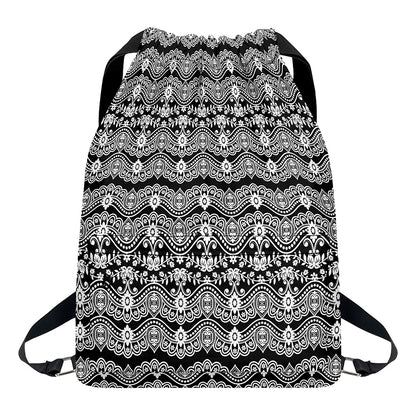 Black And White Ethnic Boho Print Drawstring Backpack