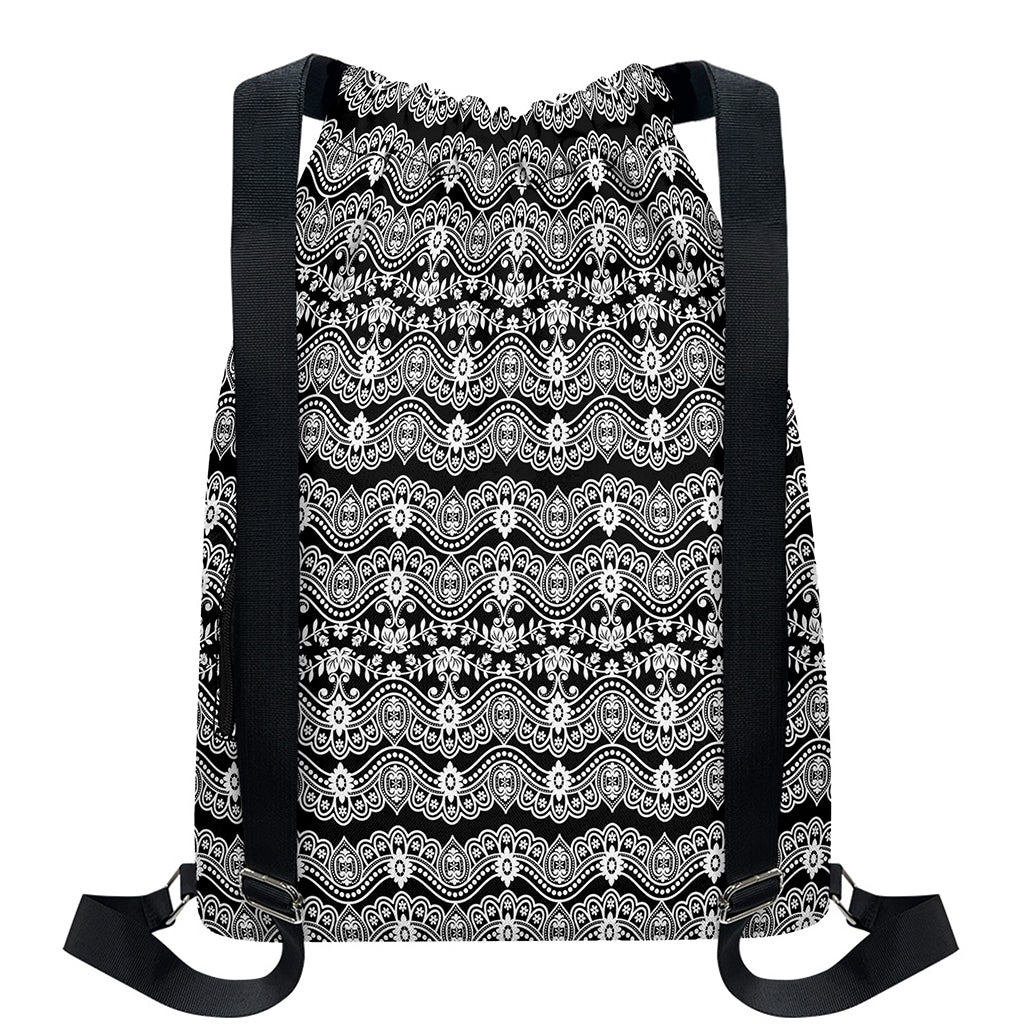Black And White Ethnic Boho Print Drawstring Backpack
