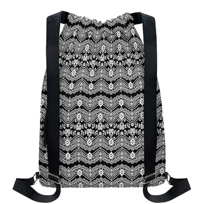 Black And White Ethnic Boho Print Drawstring Backpack