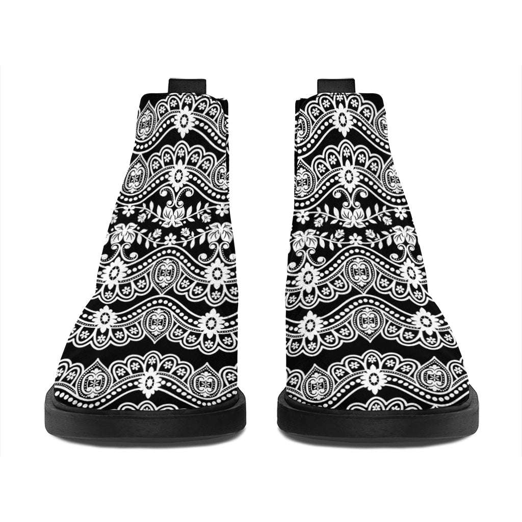 Black And White Ethnic Boho Print Flat Ankle Boots