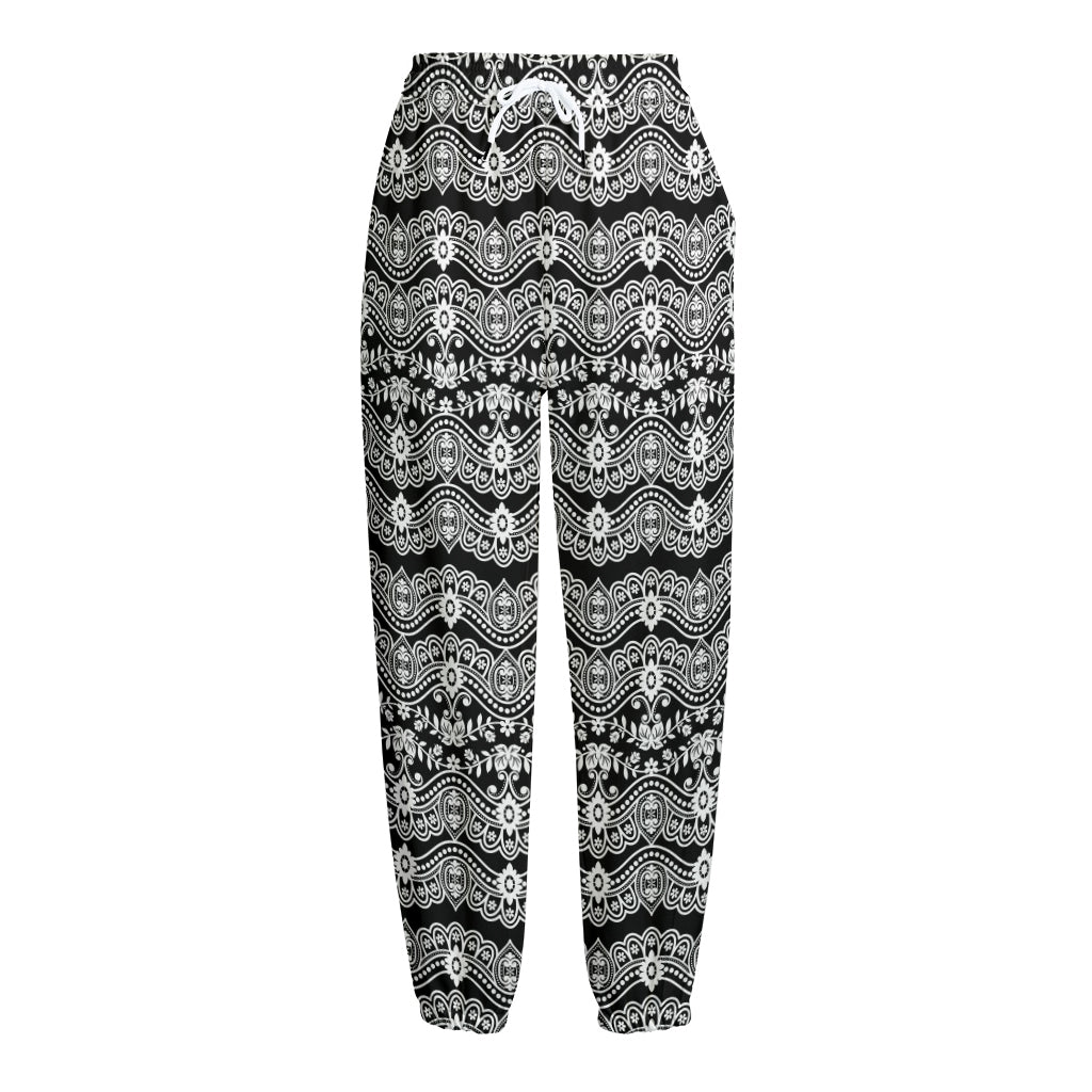 Black And White Ethnic Boho Print Fleece Lined Knit Pants