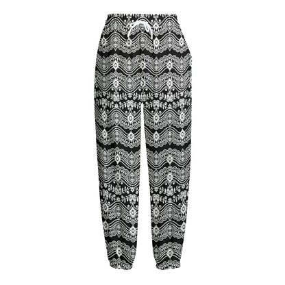 Black And White Ethnic Boho Print Fleece Lined Knit Pants