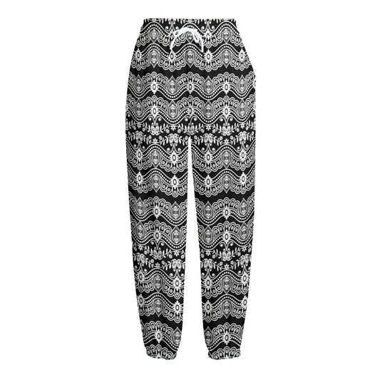 Black And White Ethnic Boho Print Fleece Lined Knit Pants