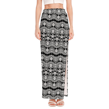 Black And White Ethnic Boho Print High Slit Maxi Skirt