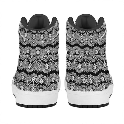 Black And White Ethnic Boho Print High Top Leather Sneakers