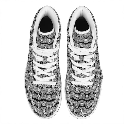 Black And White Ethnic Boho Print High Top Leather Sneakers