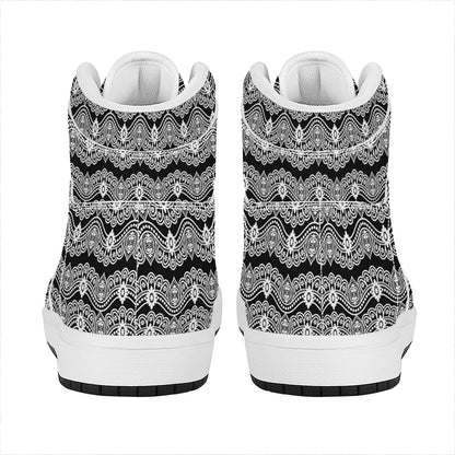 Black And White Ethnic Boho Print High Top Leather Sneakers