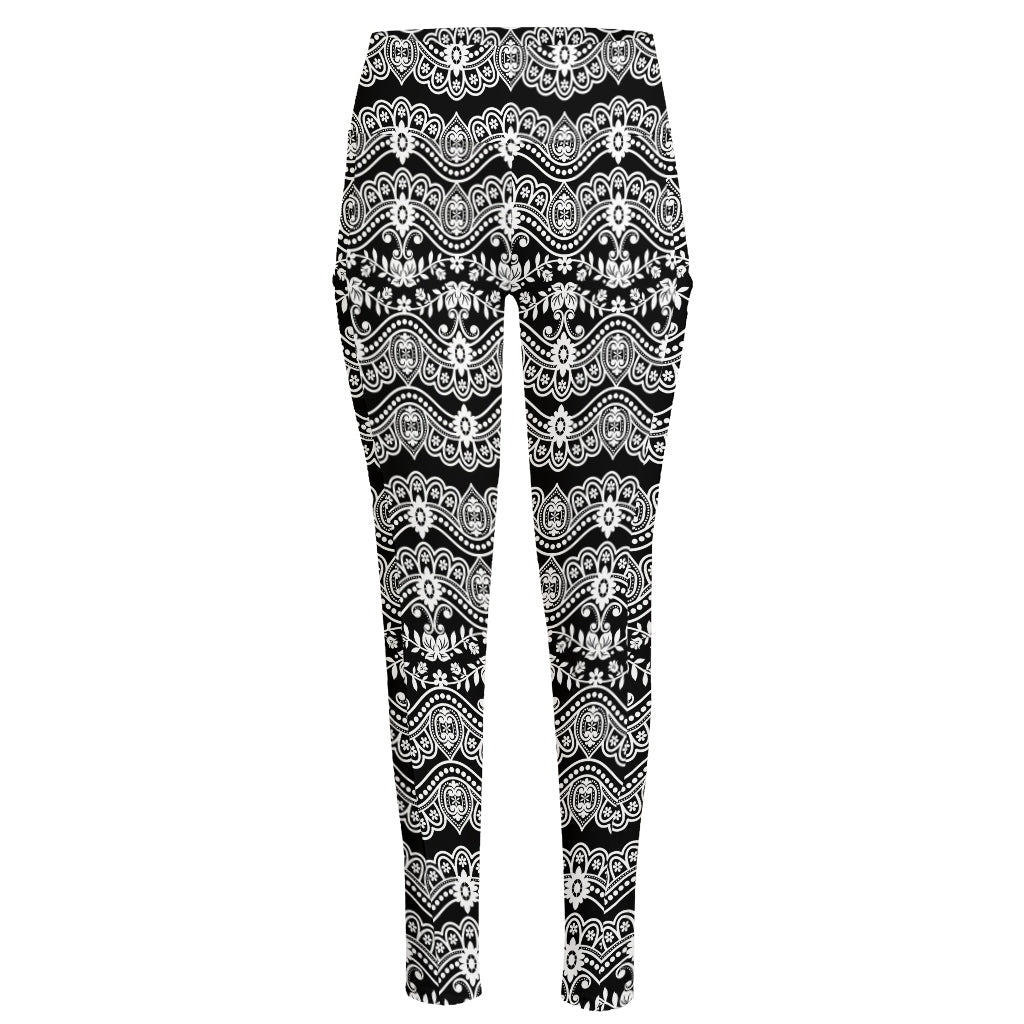 Black And White Ethnic Boho Print High-Waisted Pocket Leggings