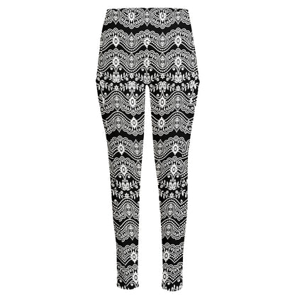 Black And White Ethnic Boho Print High-Waisted Pocket Leggings