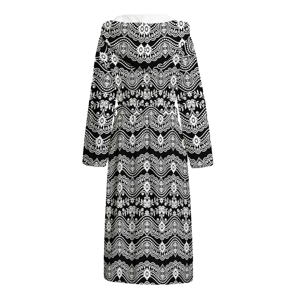 Black And White Ethnic Boho Print Hooded Bathrobe