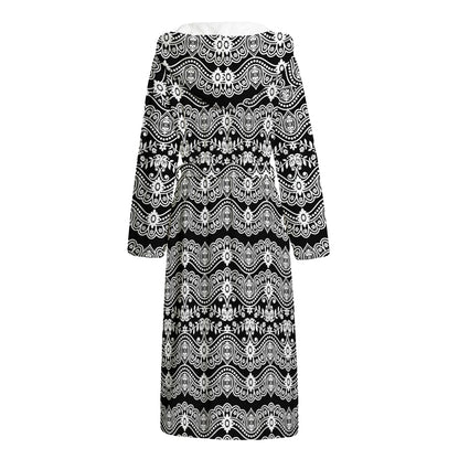 Black And White Ethnic Boho Print Hooded Bathrobe
