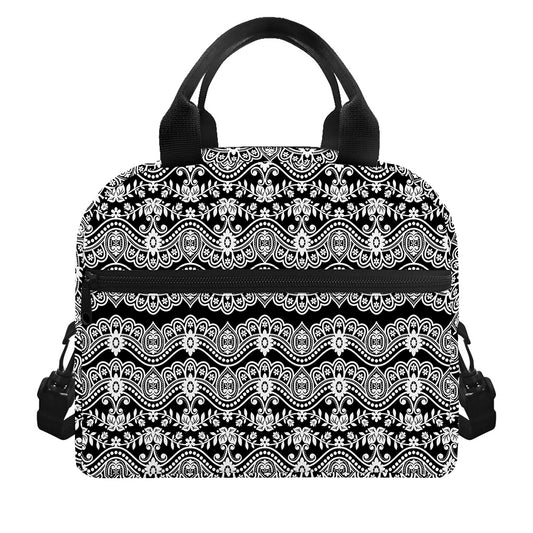 Black And White Ethnic Boho Print Insulated Lunch Bag