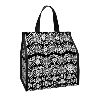 Black And White Ethnic Boho Print Insulated Lunch Tote