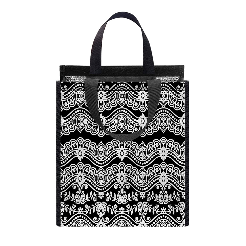 Black And White Ethnic Boho Print Insulated Lunch Tote