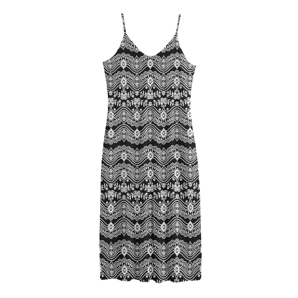 Black And White Ethnic Boho Print Jersey Midi Cami Dress