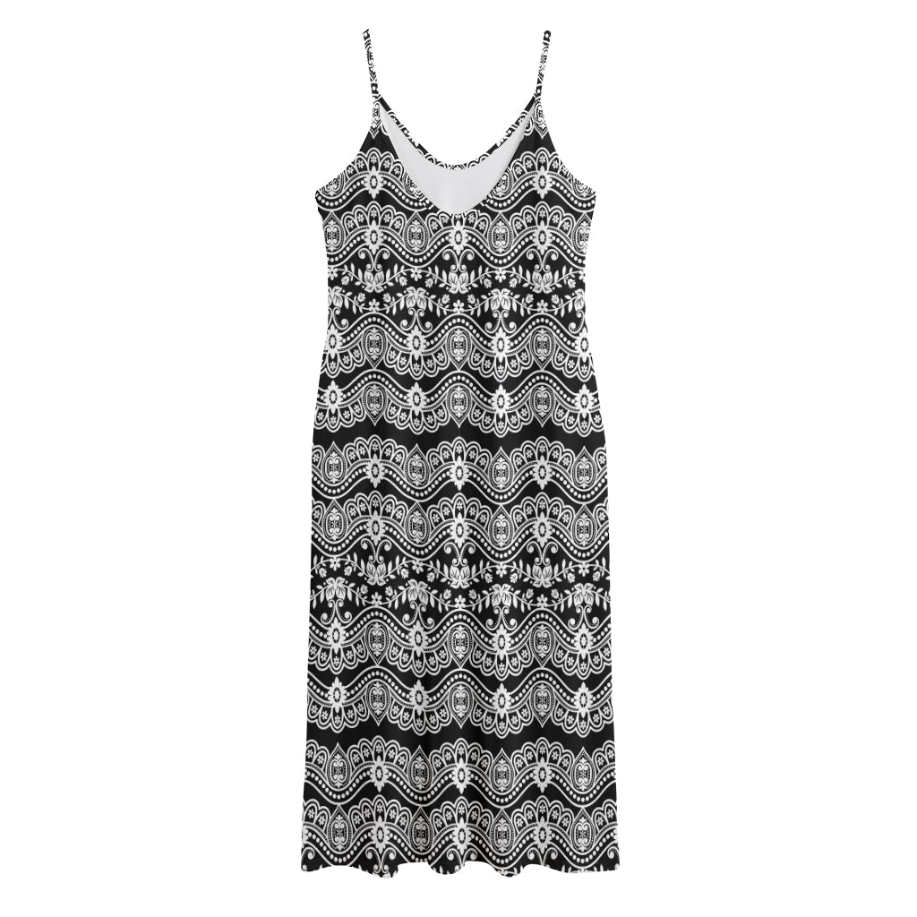 Black And White Ethnic Boho Print Jersey Midi Cami Dress