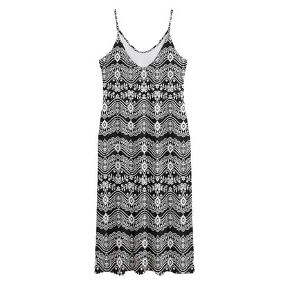 Black And White Ethnic Boho Print Jersey Midi Cami Dress