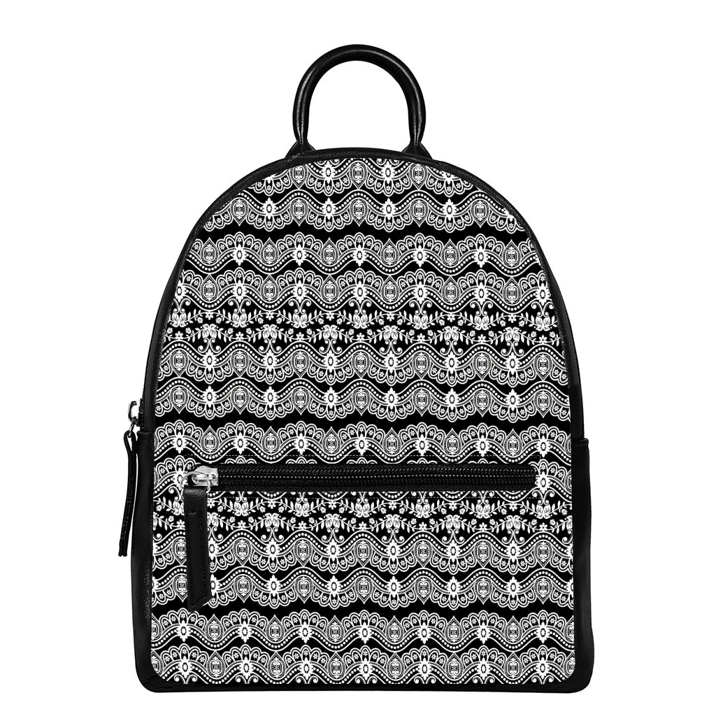 Black And White Ethnic Boho Print Leather Backpack