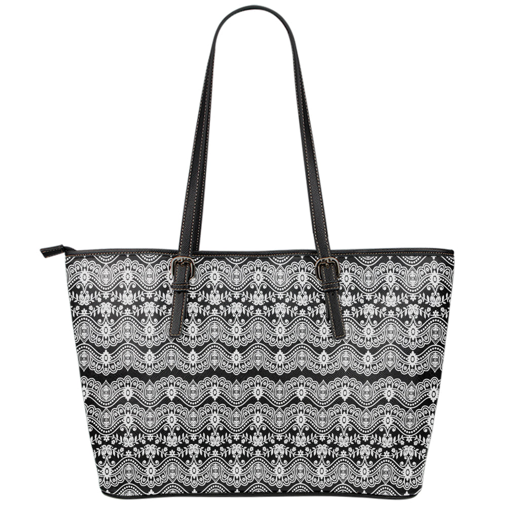 Black And White Ethnic Boho Print Leather Tote Bag