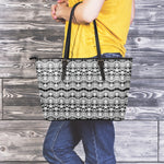 Black And White Ethnic Boho Print Leather Tote Bag