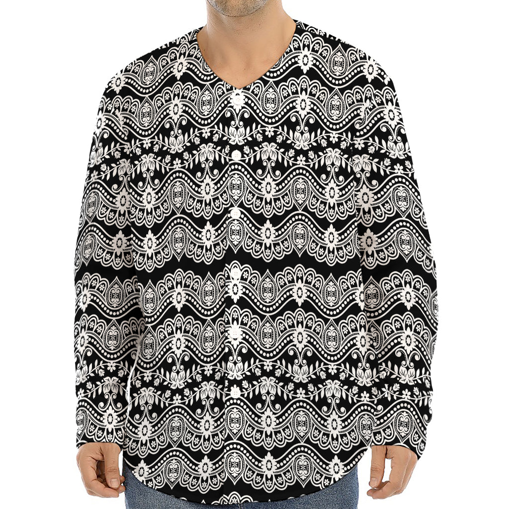 Black And White Ethnic Boho Print Long Sleeve Baseball Jersey