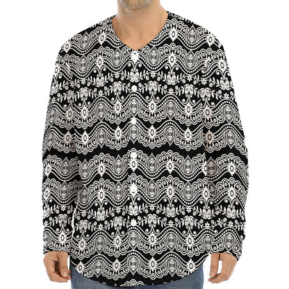 Black And White Ethnic Boho Print Long Sleeve Baseball Jersey