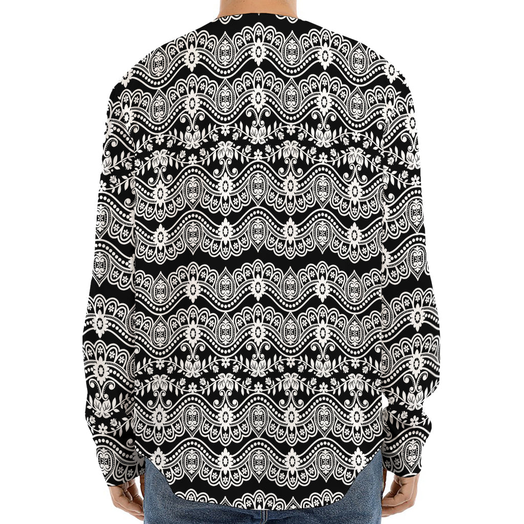 Black And White Ethnic Boho Print Long Sleeve Baseball Jersey