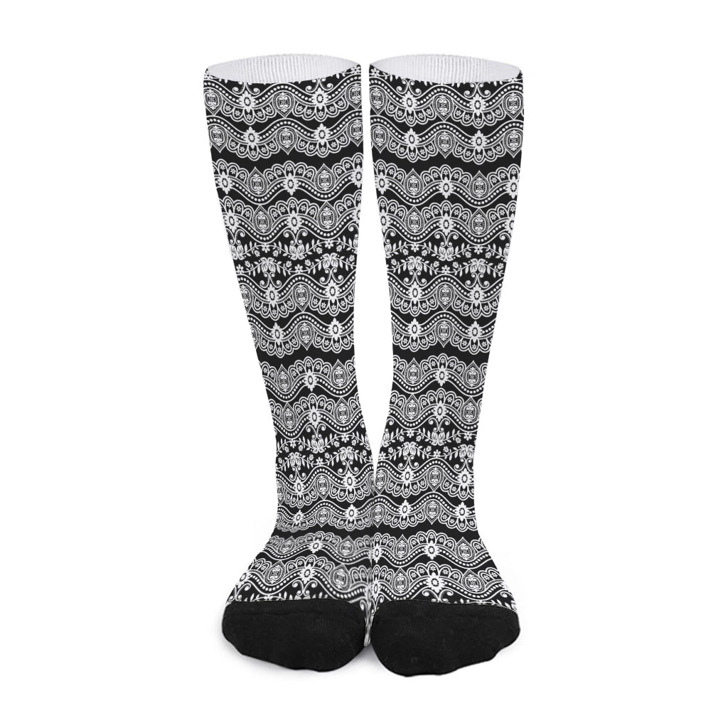 Black And White Ethnic Boho Print Long Socks