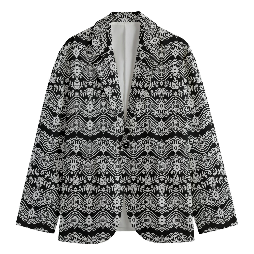 Black And White Ethnic Boho Print Men's Cotton Blazer