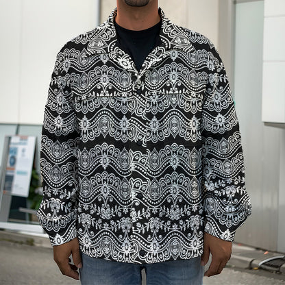 Black And White Ethnic Boho Print Men's Shirt Jacket
