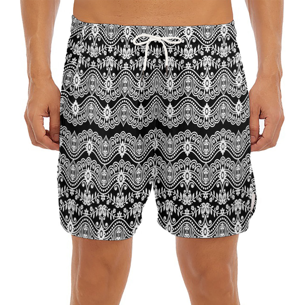 Black And White Ethnic Boho Print Men's Split Running Shorts