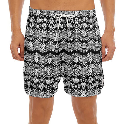 Black And White Ethnic Boho Print Men's Split Running Shorts