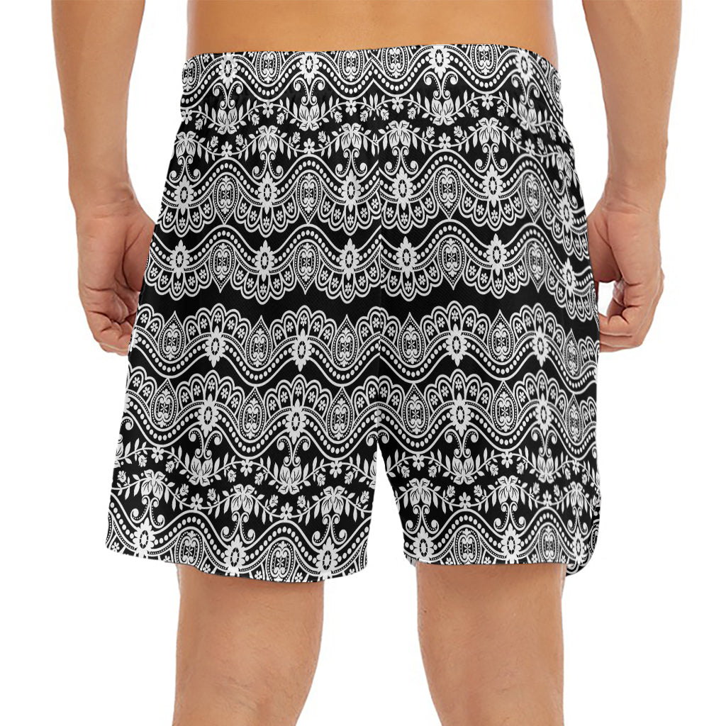 Black And White Ethnic Boho Print Men's Split Running Shorts