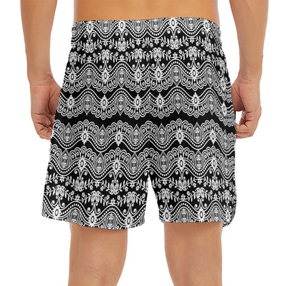Black And White Ethnic Boho Print Men's Split Running Shorts