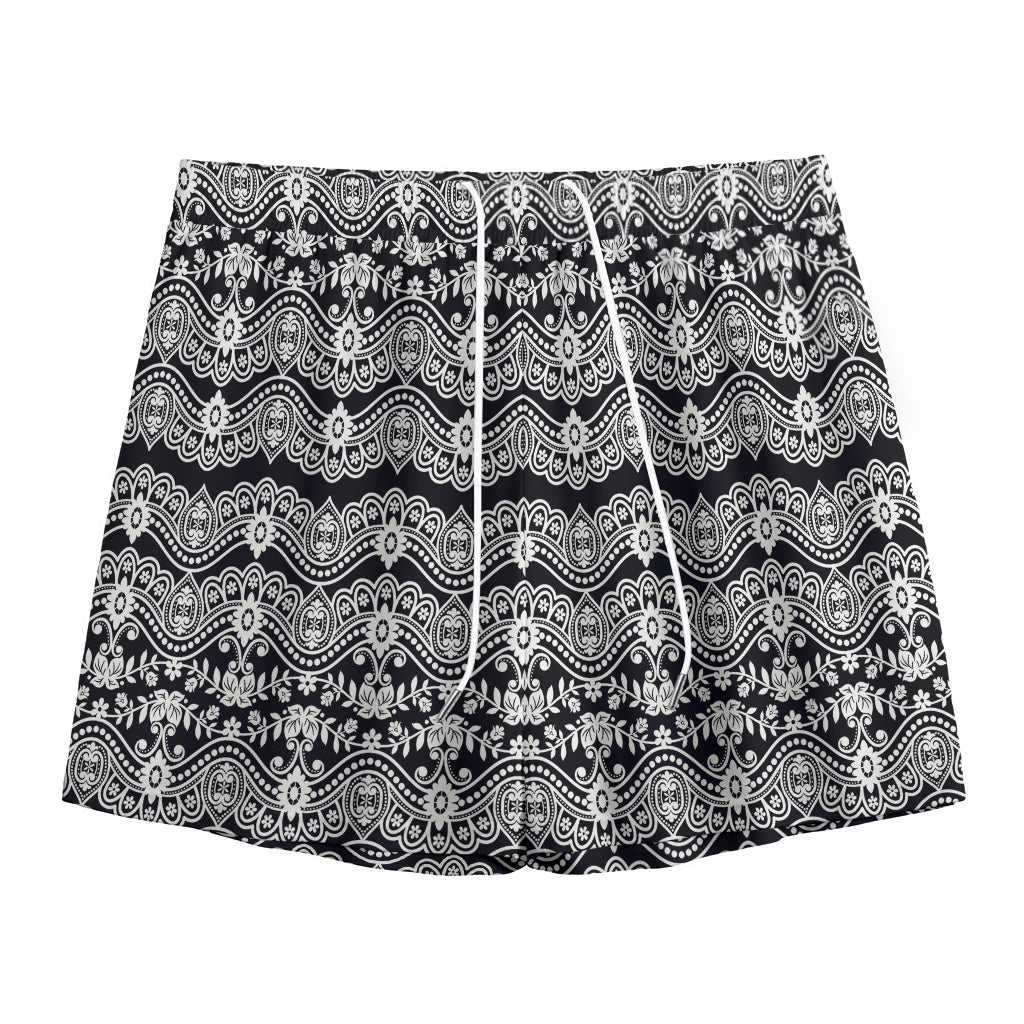 Black And White Ethnic Boho Print Mesh Shorts