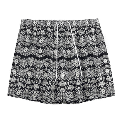 Black And White Ethnic Boho Print Mesh Shorts