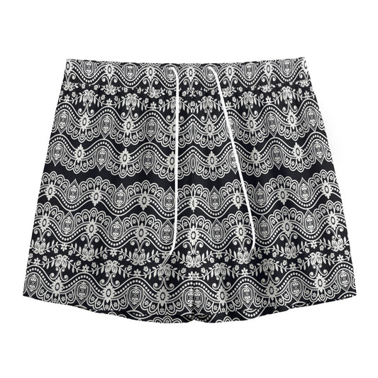 Black And White Ethnic Boho Print Mesh Shorts