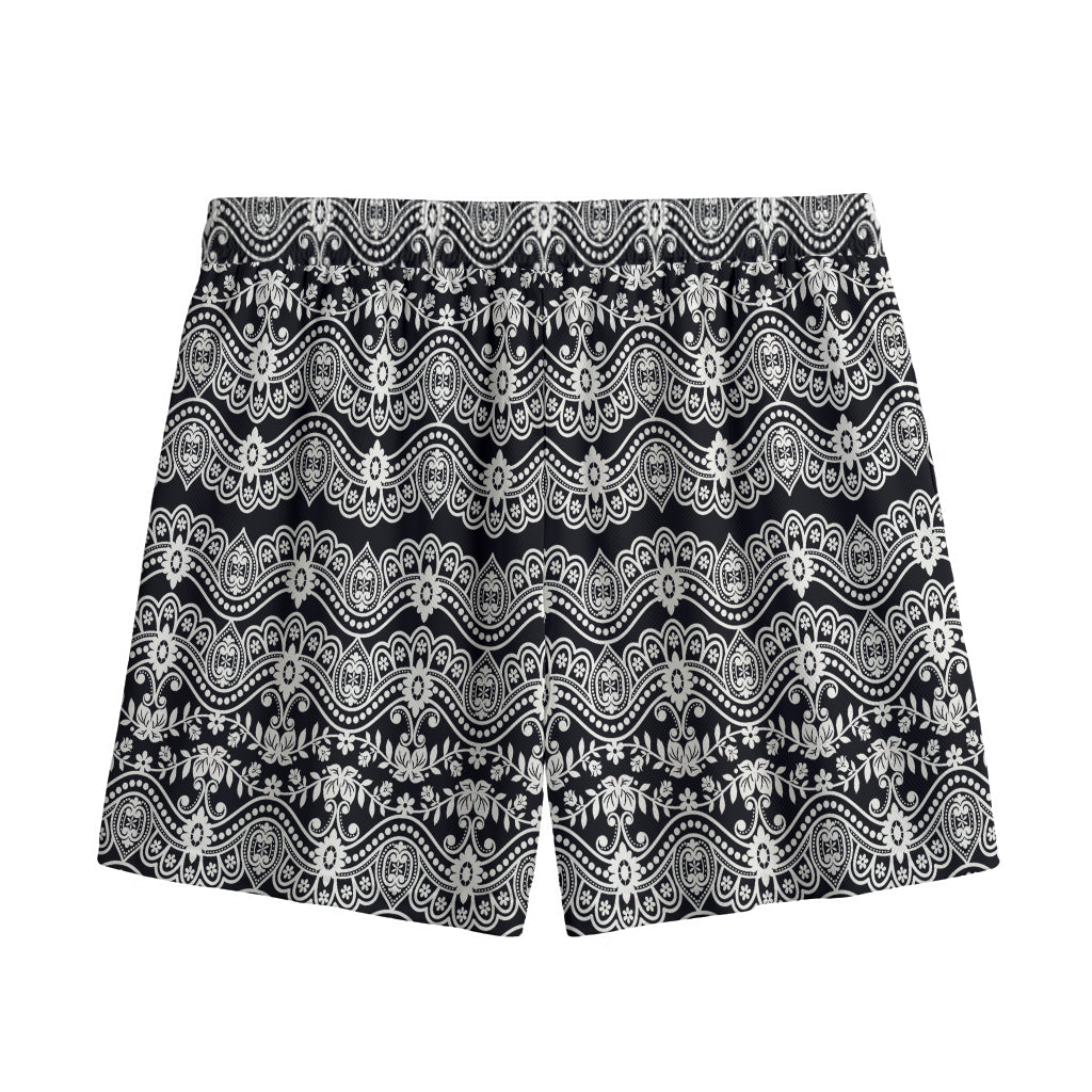Black And White Ethnic Boho Print Mesh Shorts