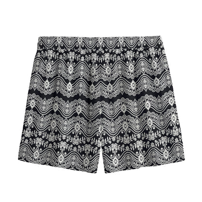 Black And White Ethnic Boho Print Mesh Shorts
