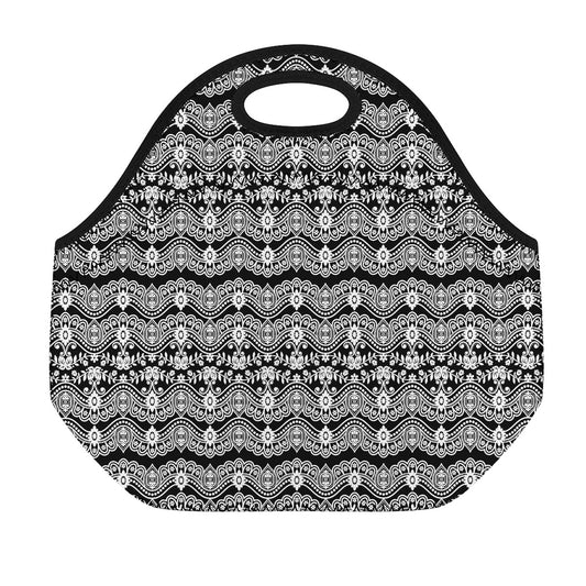 Black And White Ethnic Boho Print Neoprene Lunch Bag