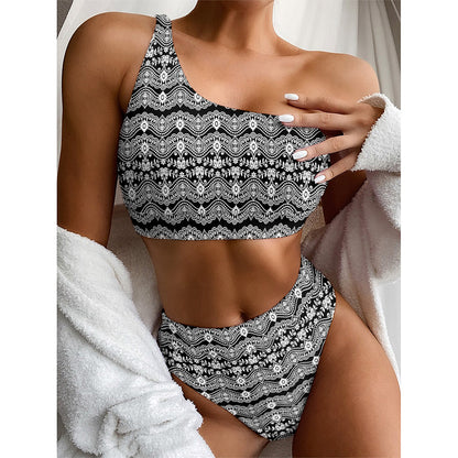 Black And White Ethnic Boho Print One Shoulder Bikini Top